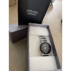 NEW IN BOX Ladies Strada Watch‎ Black Band Round Face W/Crystals Water Resistant